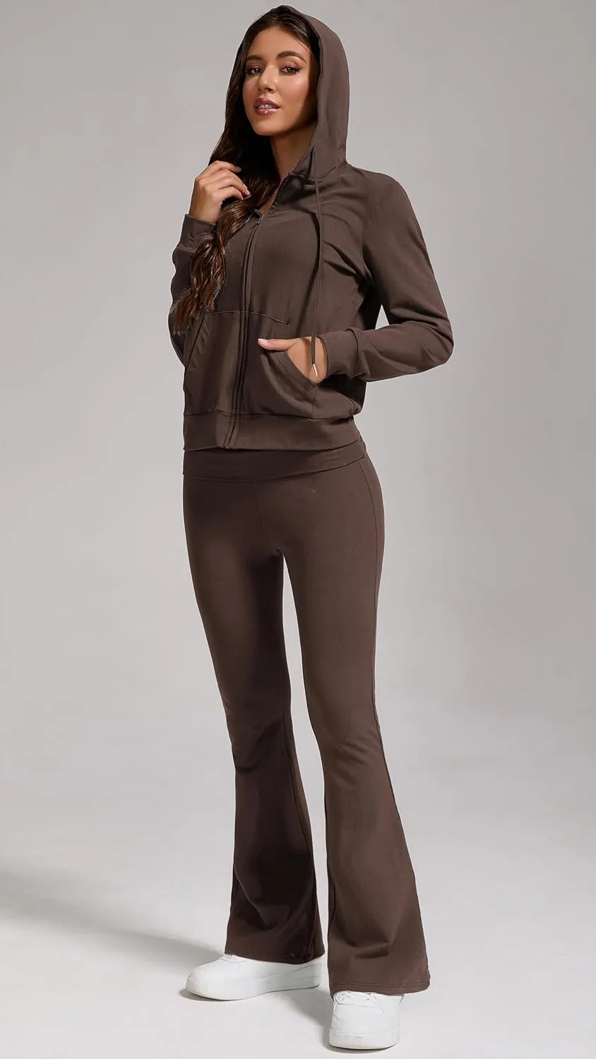 Women's 2-Piece Lounge Outfit-Lightweight Zip-Up Hoodie with Pockets & Low Rise Flare Leggings Yoga Sweatsuit Set