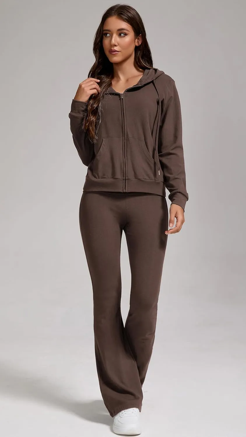 Women's 2-Piece Lounge Outfit-Lightweight Zip-Up Hoodie with Pockets & Low Rise Flare Leggings Yoga Sweatsuit Set