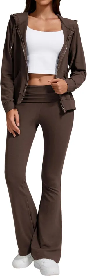 Women's 2-Piece Lounge Outfit-Lightweight Zip-Up Hoodie with Pockets & Low Rise Flare Leggings Yoga Sweatsuit Set