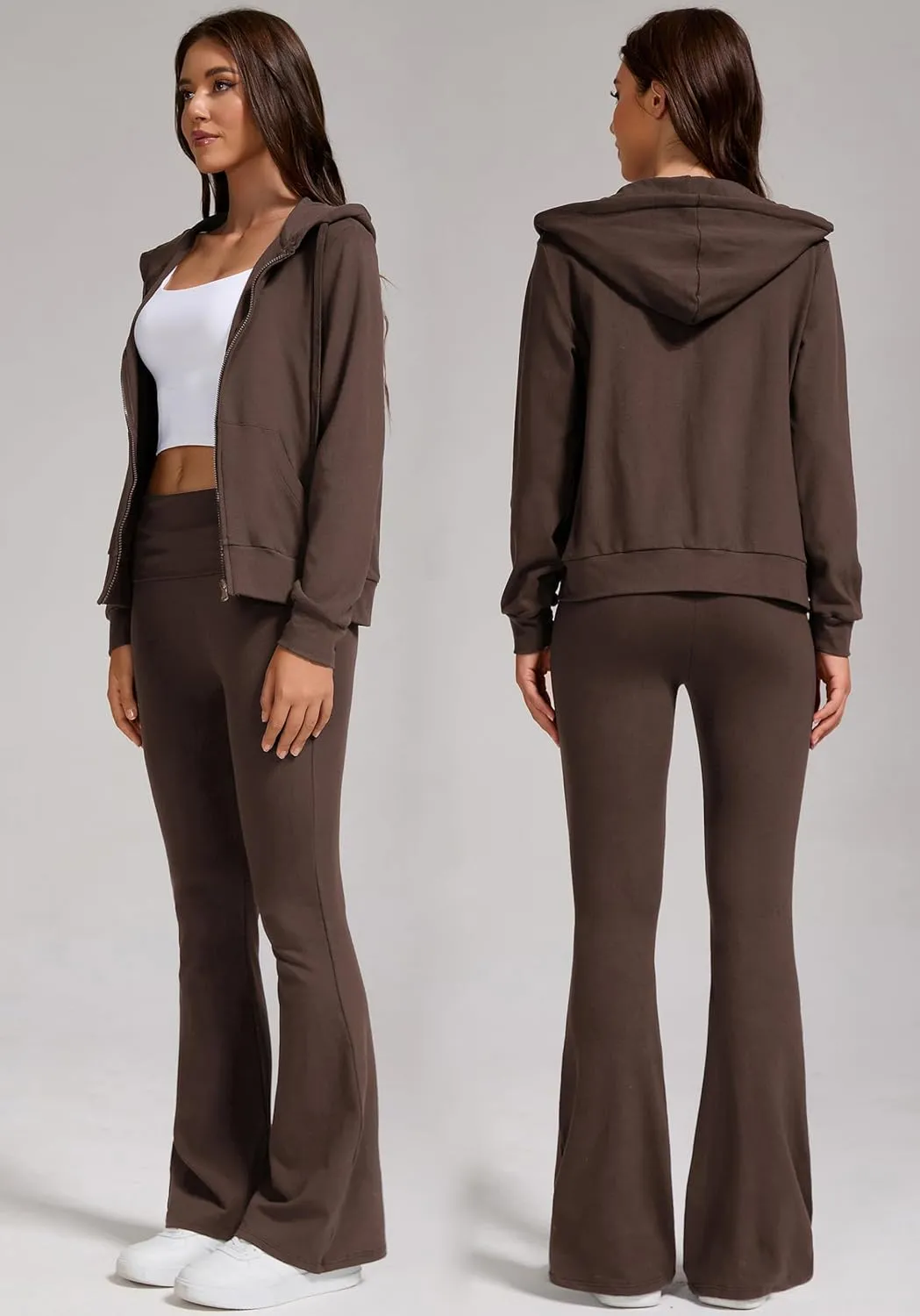 Women's 2-Piece Lounge Outfit-Lightweight Zip-Up Hoodie with Pockets & Low Rise Flare Leggings Yoga Sweatsuit Set