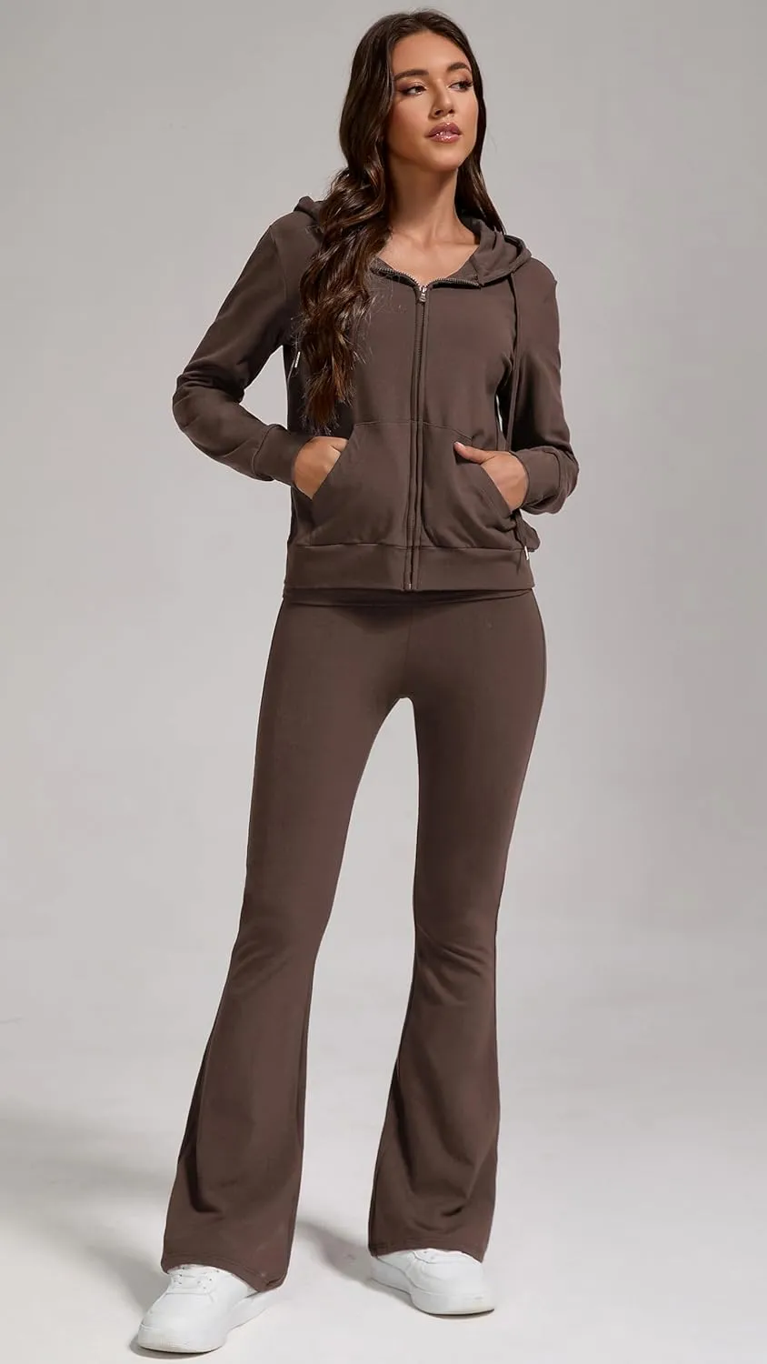 Women's 2-Piece Lounge Outfit-Lightweight Zip-Up Hoodie with Pockets & Low Rise Flare Leggings Yoga Sweatsuit Set