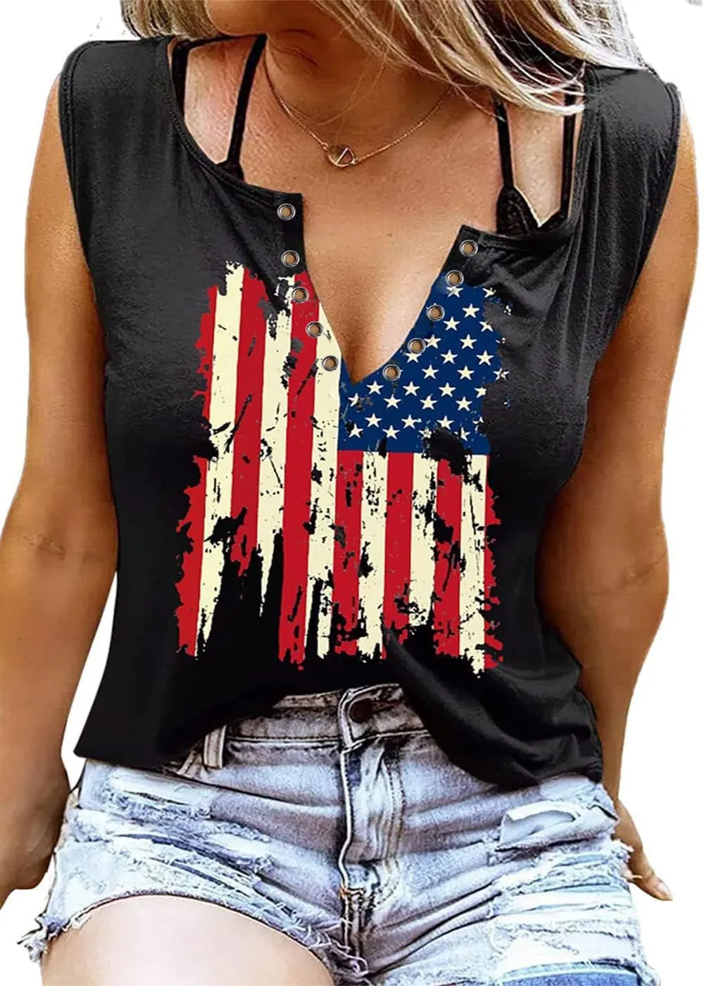 Womens American Flag Tank Tops Patriotic Shirts for Women 4th of July Tanks Top Loose Fit Summer Ring Hole V-Neck Tees Top