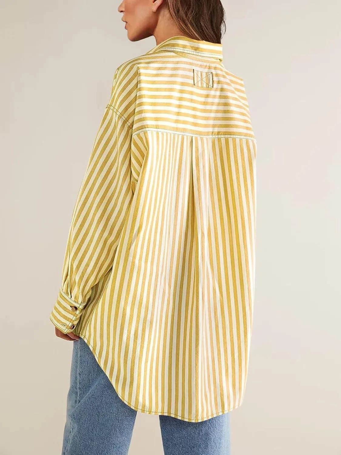 Womens Button Down Shirts Striped Classic Long Sleeve Collared Office Work Blouses Tops with Pocket