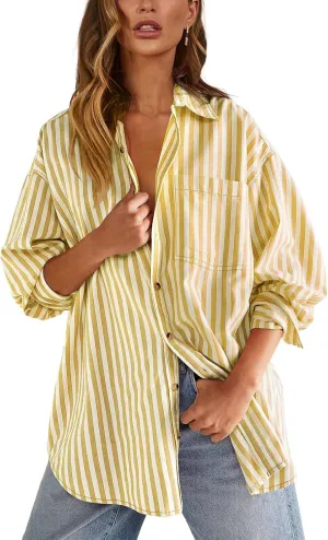 Womens Button Down Shirts Striped Classic Long Sleeve Collared Office Work Blouses Tops with Pocket