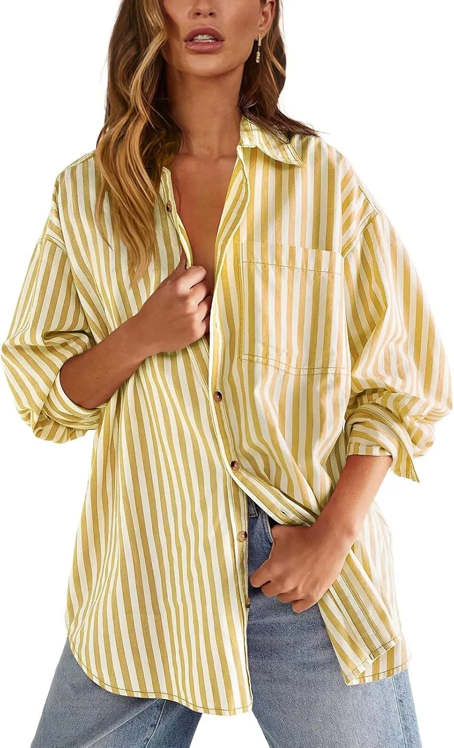 Womens Button Down Shirts Striped Classic Long Sleeve Collared Office Work Blouses Tops with Pocket