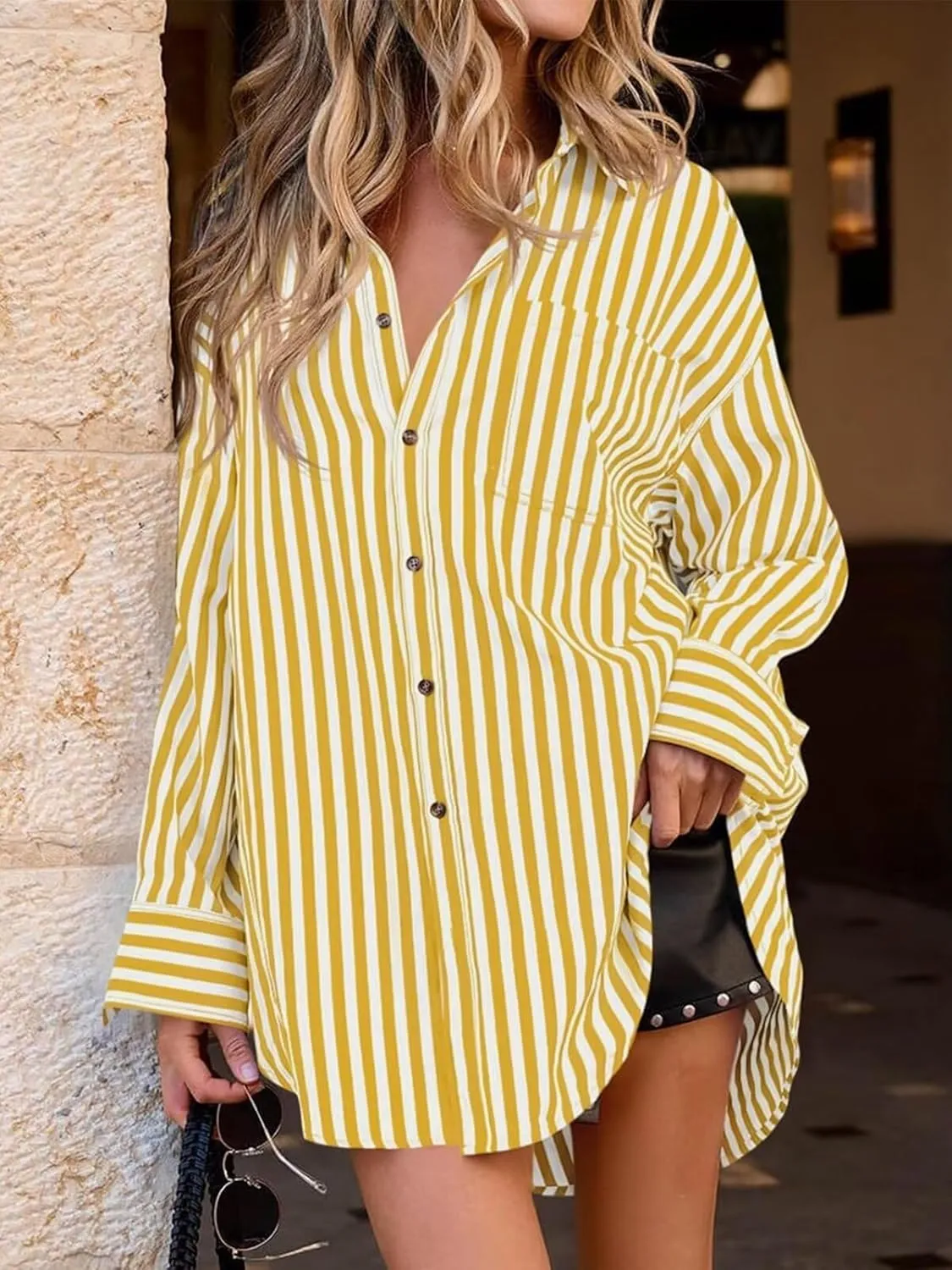 Womens Button Down Shirts Striped Classic Long Sleeve Collared Office Work Blouses Tops with Pocket