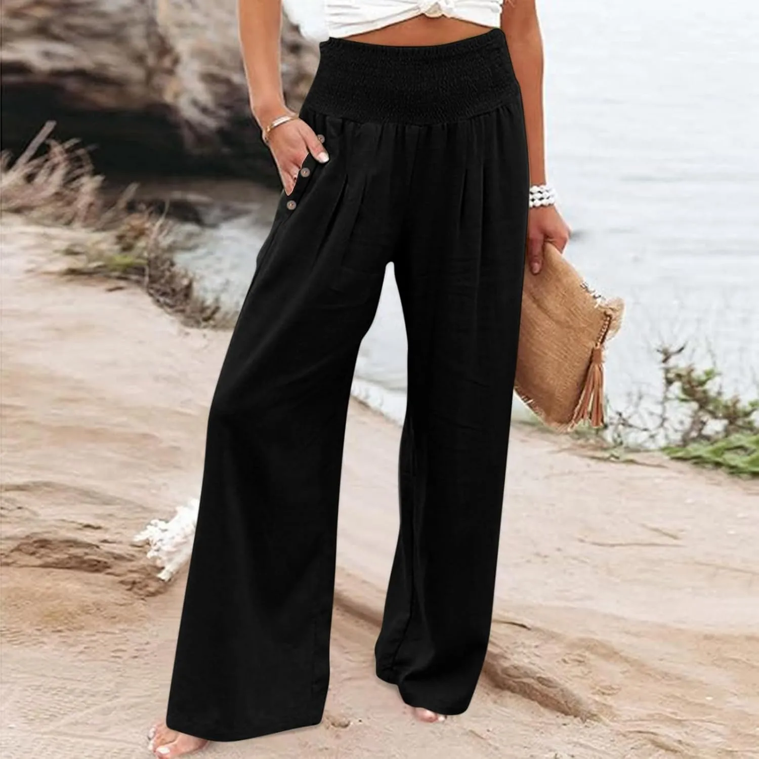 Women's Fashion Loose Casual Buttoned Wide Leg Dressy Loose Fit Pants