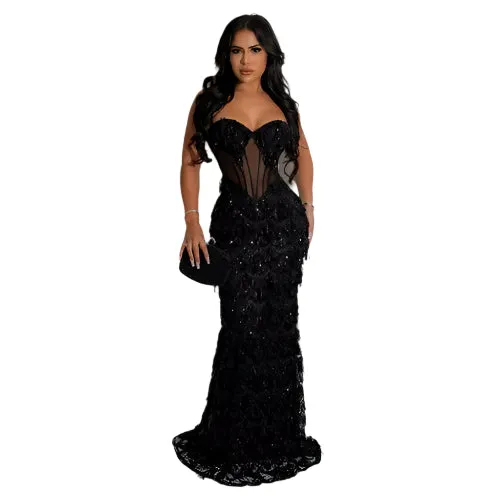 Women's Luxury Sequin Mesh Bodycon Gown – Floor-Length Elegant Sheath Dress for Parties, Formal Events, and Red-Carpet Moments