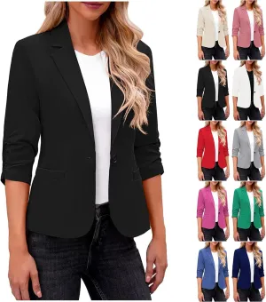 Womens Ruched 3/4 Sleeve Blazers Business Casual Suit Jacket Elegant Slim Fit Work Office Blazer with Padded Shoulder
