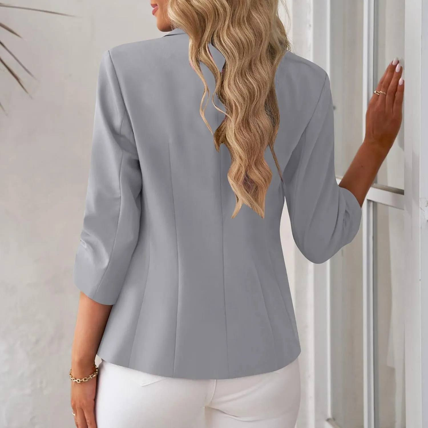 Womens Ruched 3/4 Sleeve Blazers Business Casual Suit Jacket Elegant Slim Fit Work Office Blazer with Padded Shoulder