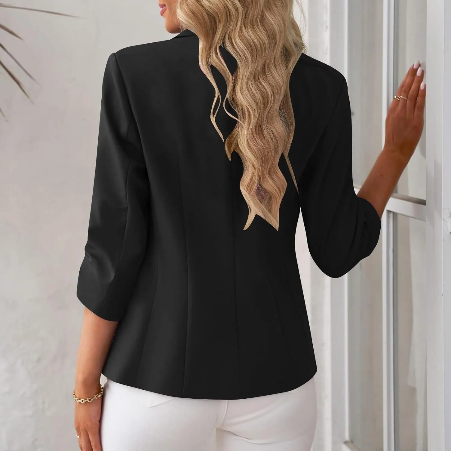 Womens Ruched 3/4 Sleeve Blazers Business Casual Suit Jacket Elegant Slim Fit Work Office Blazer with Padded Shoulder