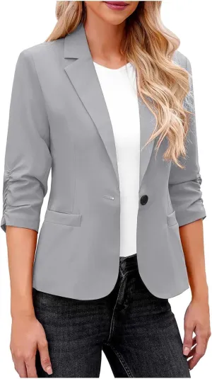 Womens Ruched 3/4 Sleeve Blazers Business Casual Suit Jacket Elegant Slim Fit Work Office Blazer with Padded Shoulder