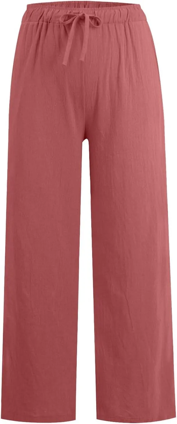 Women's Summer Linen Pants Flowy Wide Leg Long Lounge Pant Drawstring Trousers with Pocket