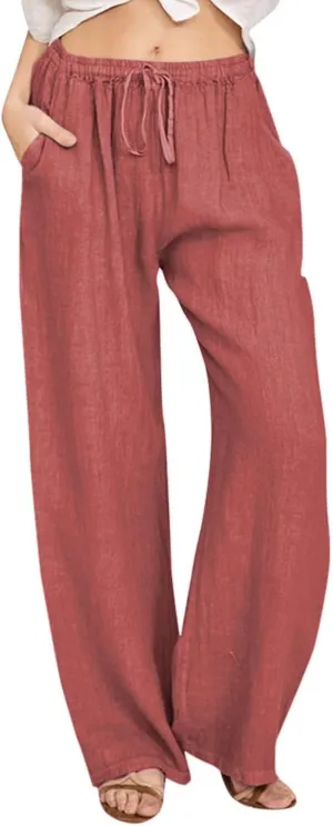 Women's Summer Linen Pants Flowy Wide Leg Long Lounge Pant Drawstring Trousers with Pocket