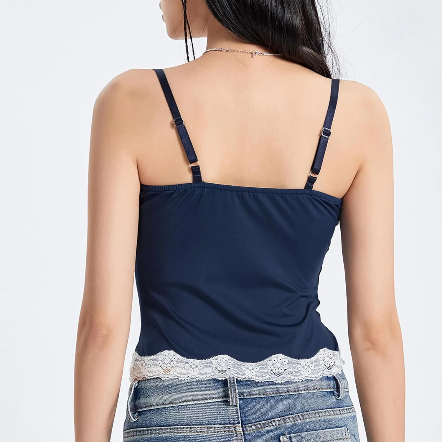 Women's Y2K Lace Cami Tank Top Sexy Spaghetti Strap Crop Camisole Backless Bustier 2024 Summer Going Out Tops