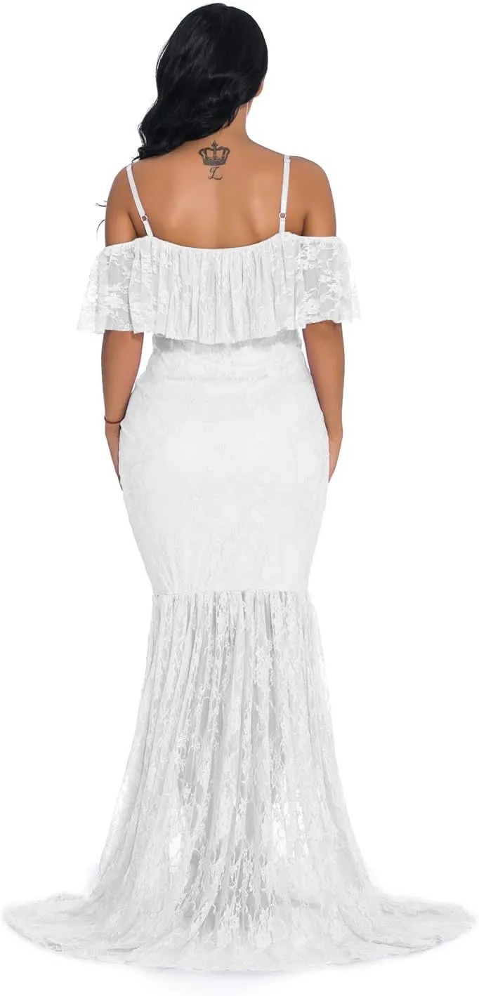 ZIUMUDY Fitted Lace Maternity Gown Ruffle Sleeve Mermaid Off Shoulder Photography Dress Baby Shower