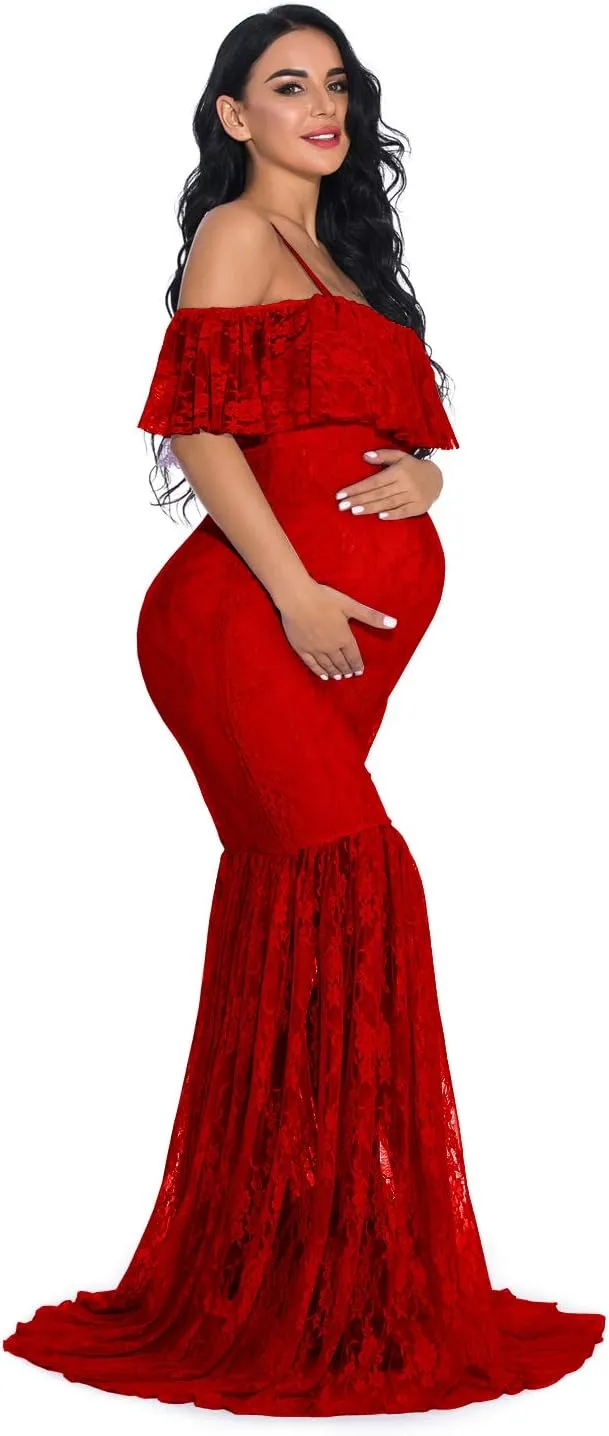 ZIUMUDY Fitted Lace Maternity Gown Ruffle Sleeve Mermaid Off Shoulder Photography Dress Baby Shower