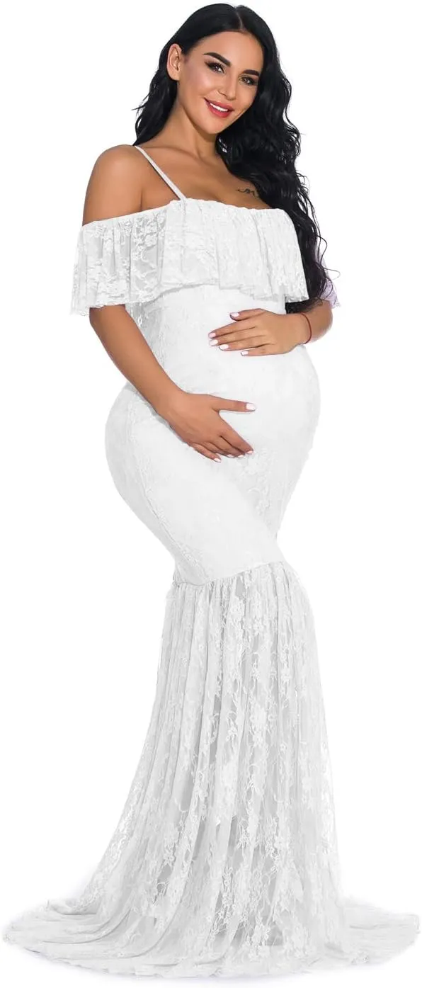 ZIUMUDY Fitted Lace Maternity Gown Ruffle Sleeve Mermaid Off Shoulder Photography Dress Baby Shower