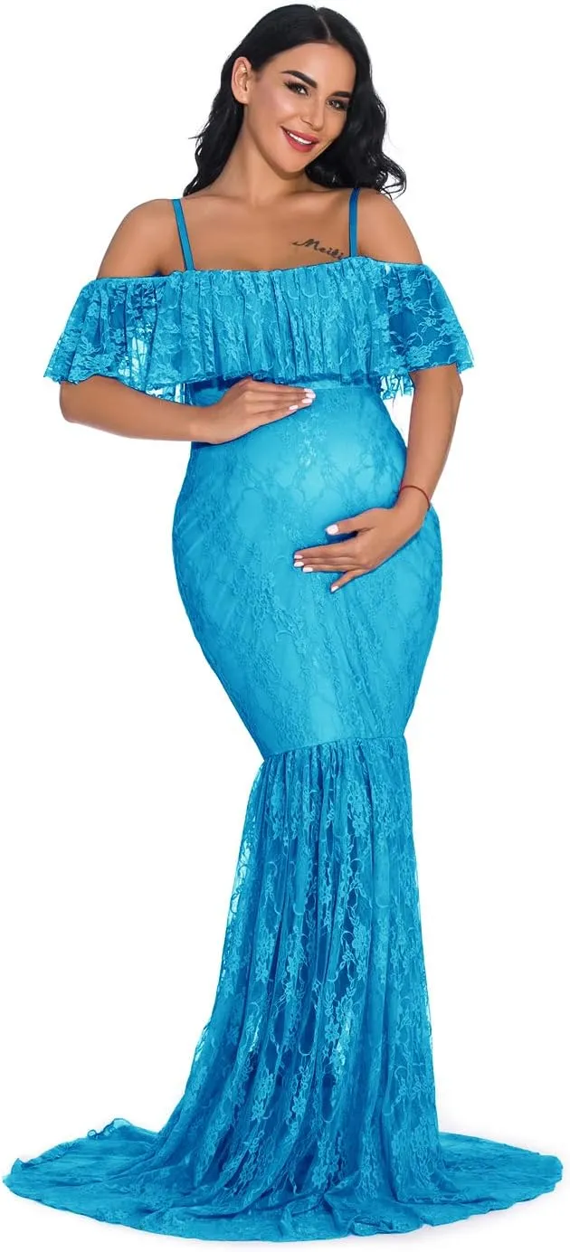 ZIUMUDY Fitted Lace Maternity Gown Ruffle Sleeve Mermaid Off Shoulder Photography Dress Baby Shower