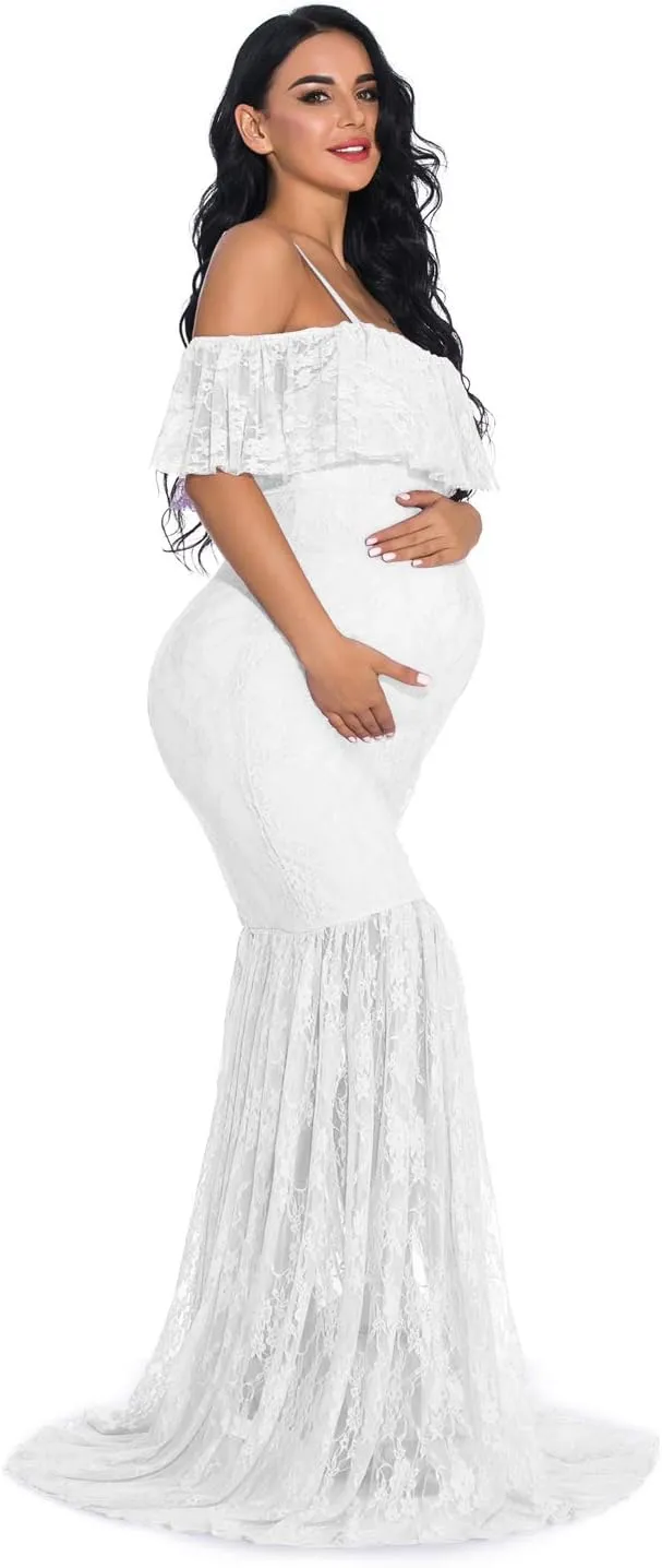 ZIUMUDY Fitted Lace Maternity Gown Ruffle Sleeve Mermaid Off Shoulder Photography Dress Baby Shower
