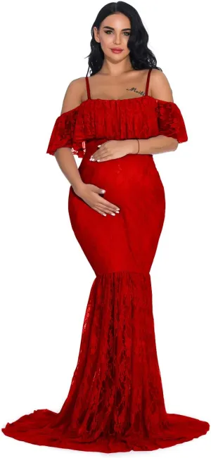 ZIUMUDY Fitted Lace Maternity Gown Ruffle Sleeve Mermaid Off Shoulder Photography Dress Baby Shower