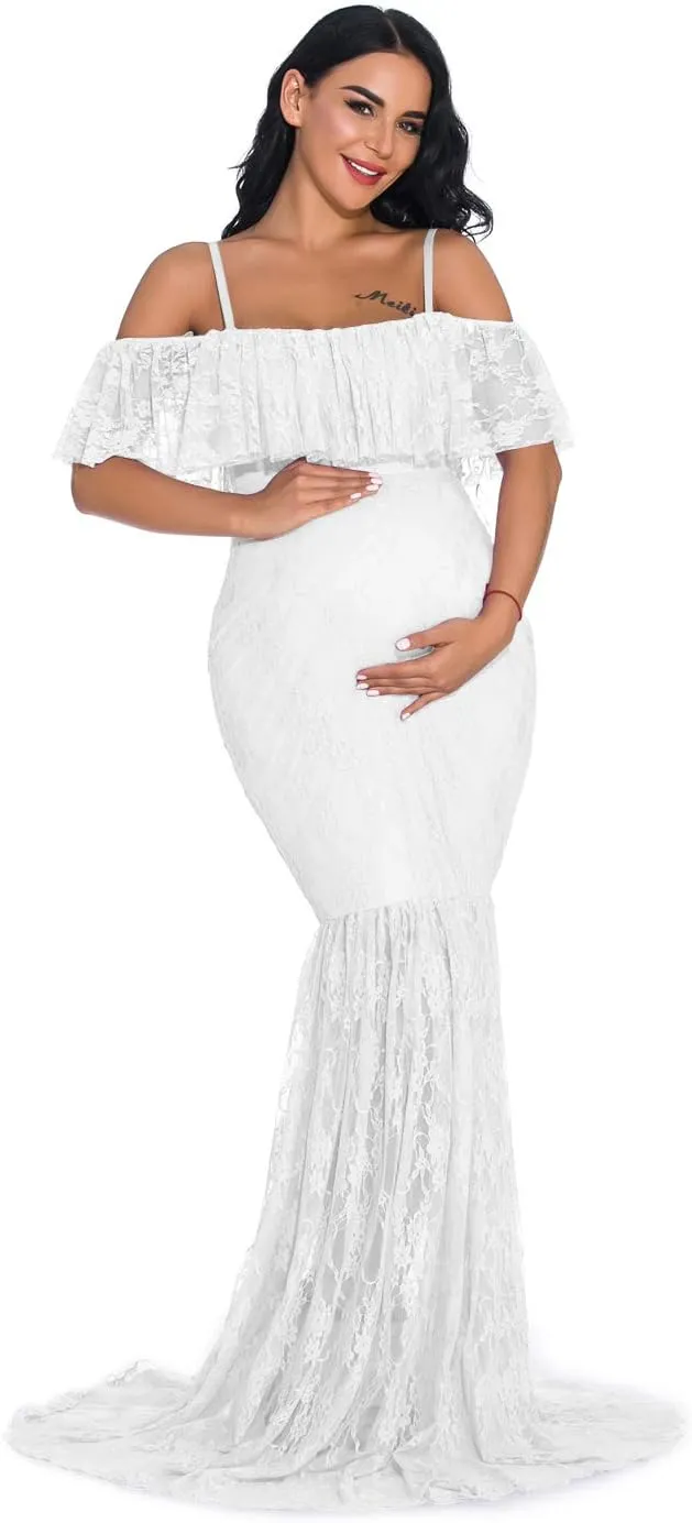 ZIUMUDY Fitted Lace Maternity Gown Ruffle Sleeve Mermaid Off Shoulder Photography Dress Baby Shower