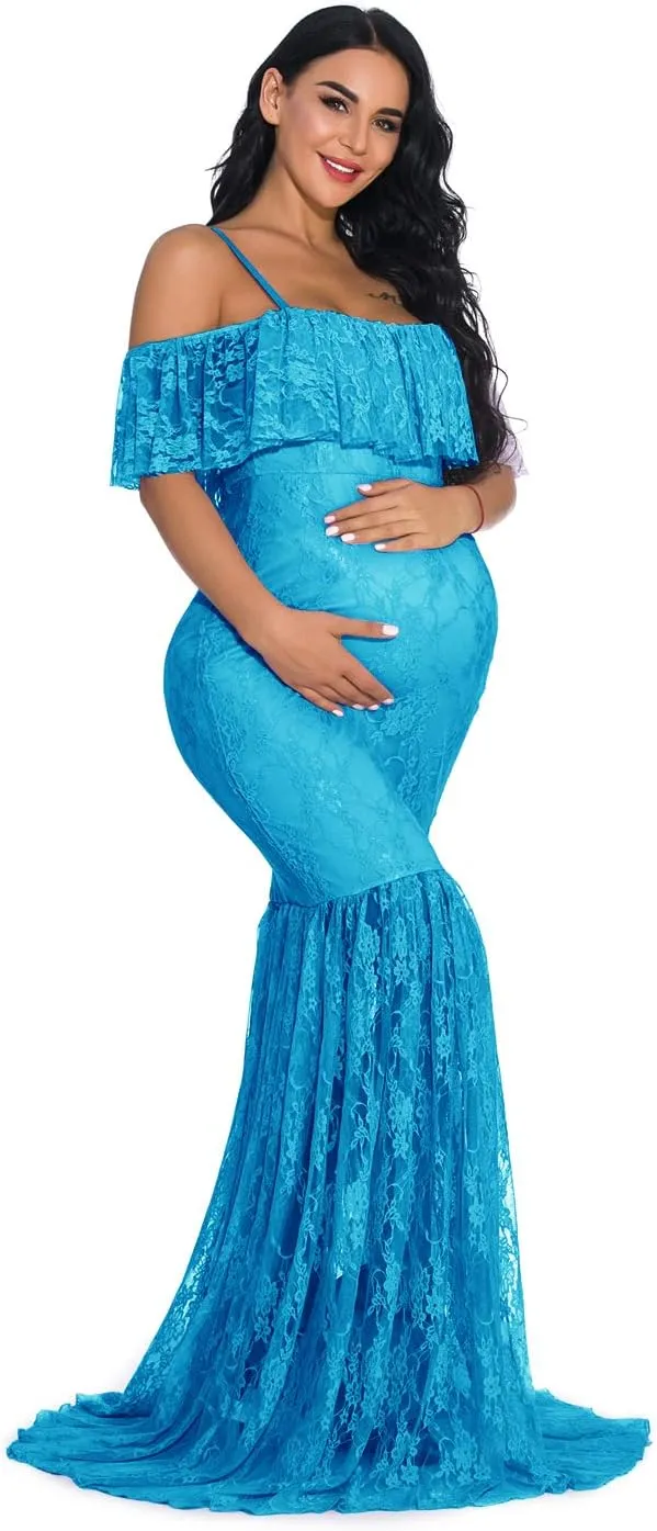 ZIUMUDY Fitted Lace Maternity Gown Ruffle Sleeve Mermaid Off Shoulder Photography Dress Baby Shower