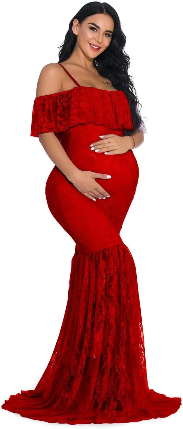 ZIUMUDY Fitted Lace Maternity Gown Ruffle Sleeve Mermaid Off Shoulder Photography Dress Baby Shower