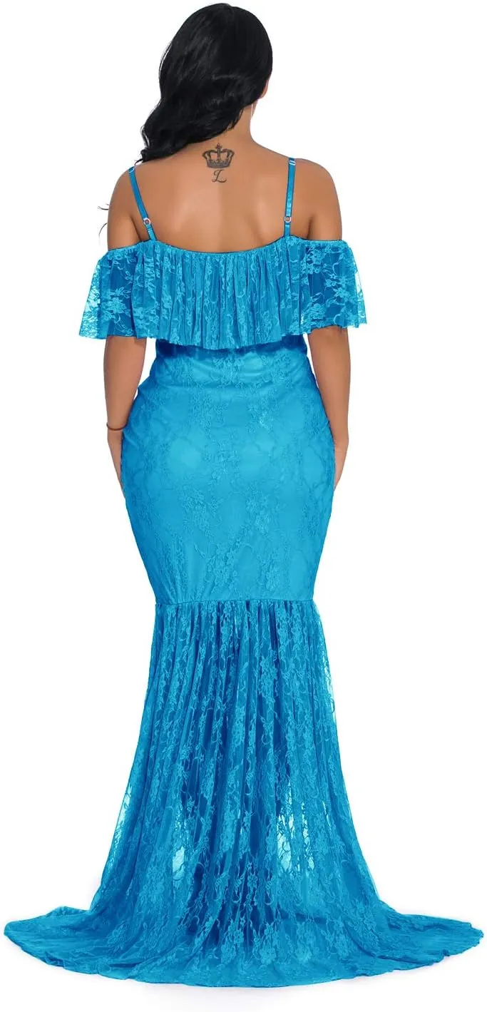 ZIUMUDY Fitted Lace Maternity Gown Ruffle Sleeve Mermaid Off Shoulder Photography Dress Baby Shower