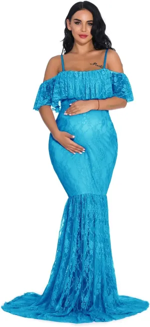 ZIUMUDY Fitted Lace Maternity Gown Ruffle Sleeve Mermaid Off Shoulder Photography Dress Baby Shower