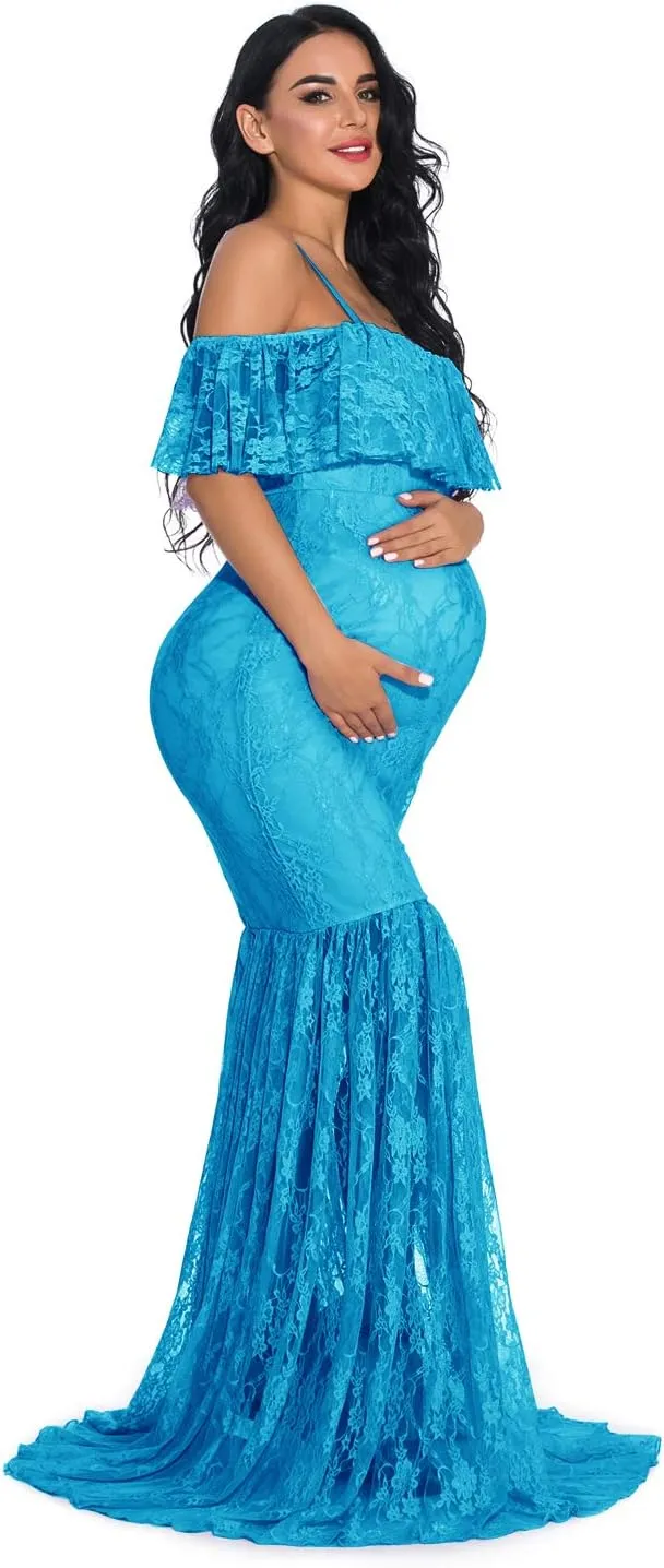ZIUMUDY Fitted Lace Maternity Gown Ruffle Sleeve Mermaid Off Shoulder Photography Dress Baby Shower