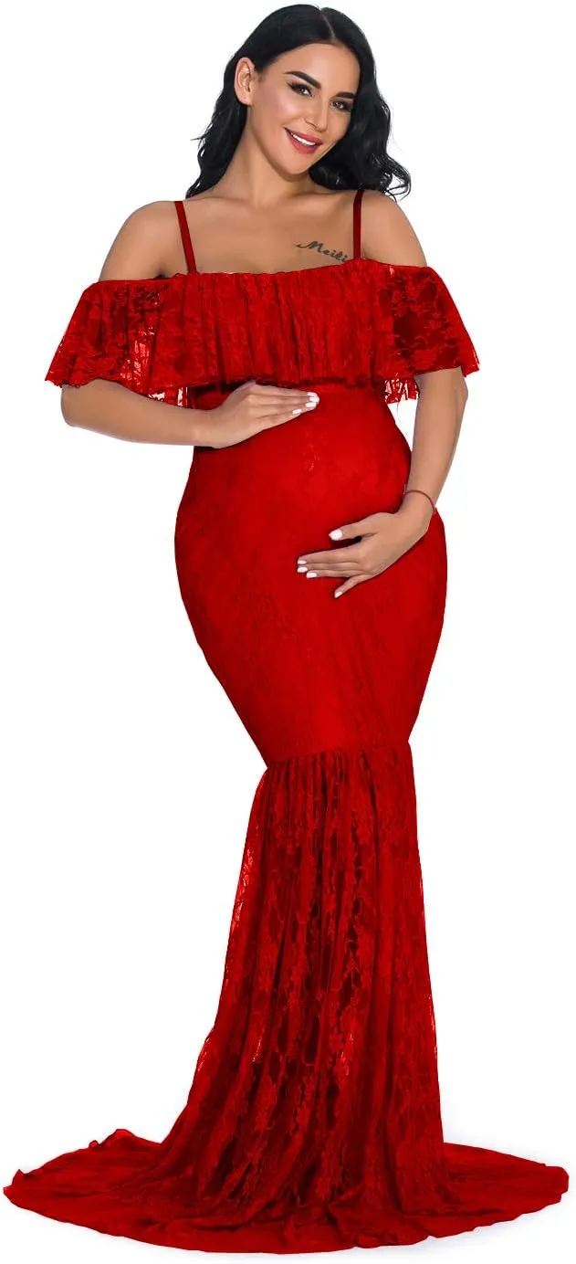 ZIUMUDY Fitted Lace Maternity Gown Ruffle Sleeve Mermaid Off Shoulder Photography Dress Baby Shower