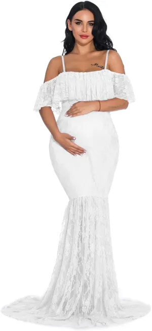 ZIUMUDY Fitted Lace Maternity Gown Ruffle Sleeve Mermaid Off Shoulder Photography Dress Baby Shower